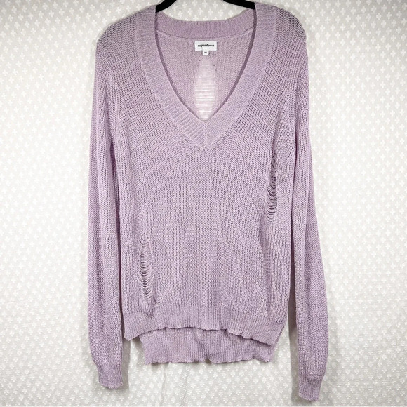 Revolve Superdown Purple Distressed Knit V Neck Sweater - Picture 1 of 8